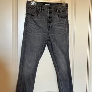 Express, high waisted, button front stretch jeans. Grey, size 4.